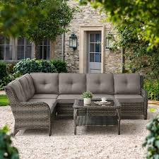 Pocassy 5 Piece Curved Armrest Rattan Wicker Patio Conversation Outdoor Corner Sofa Seating Set With Cushions Gray Gray