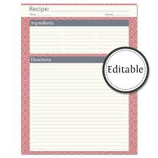 Recipe Card Full Page Fillable Instant Download