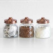 3 X Glass Storage Jars Copper Lids Tea