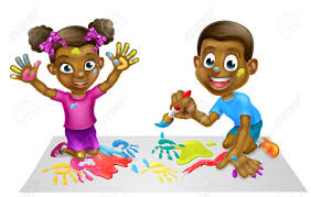 Cartoon Black Boy And Girl Children Playing With Paints Royalty Free