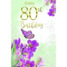 Age 80th 80 Purple Flowers Butterfly Design Happy Birthday Card
