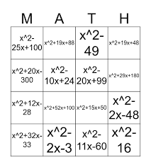 factor quadratic equations bingo card