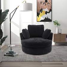 42 2 In W Black Swivel Accent Barrel Chair And Half Swivel Sofa With 3 Pillows For Bedroom Living Room
