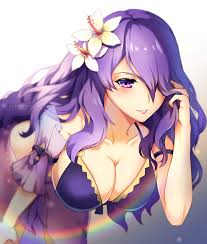 streya, camilla (fire emblem), camilla (summer) (fire emblem), fire emblem, fire  emblem fates, fire emblem heroes, nintendo, 1girl, bent over, bikini,  breasts, cleavage, flower, hair flower, hair ornament, hair over one eye,