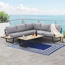 Erommy 4 Piece Outdoor Conversation Set All Weather L Shaped Metal Patio Sectional Sofa Set With Gray Cushion