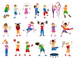 Cute Cartoon Children Or Kids Girls And Boys Play Sports Or
