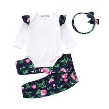 3pcs Outfit Baby Girls Clothes Set Ruffle Fly Long Sleeve Romper And Floral Pants Headbands Infant