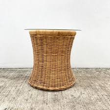 round rattan side table with glass top