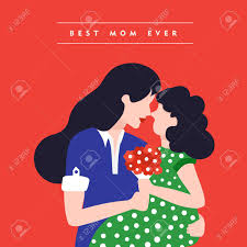 Happy Mothers Day Card Illustration Mom And Daughter Celebrating