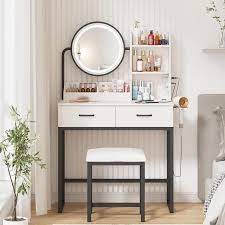 makeup vanity with round mirror and lights white vanity makeup table with charging station small vanity table for bedroom 3 lighting modes 31 5in