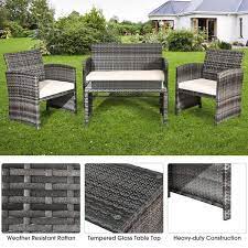 gymax 4pcs patio rattan furniture set conversation gl table top cushioned sofa