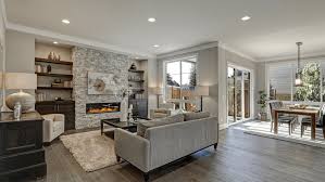 75 laminate floor family room with gray