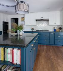 75 kitchen with blue cabinets and black