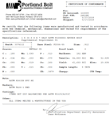 Certified Mill Test Reports Portland Bolt