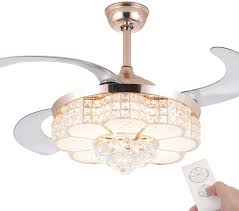 Amazon Com Crystal Ceiling Fan With Light And Remote Led Retractable Ceiling Fan 3 Light Change Silent Fan Chandelier 36w Rose Gold 42 Inch Kitchen Dining