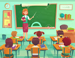 Classroom With Kids. Teacher Or Professor Teaches Students In First Grade  Elementary School Class Or Little Children Preschool Studying. Student  Learn On Lessons Indoor Cartoon Vector Illustration Royalty Free Cliparts,  Vectors, And