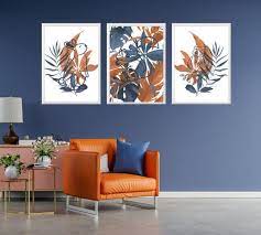 Navy Orange Wall Art Plant Prints