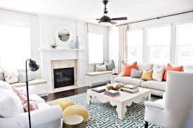 Coastal Living Room With Coral Teal And Yellow Accents