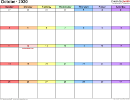 October 2020 Calendars For Word Excel Pdf
