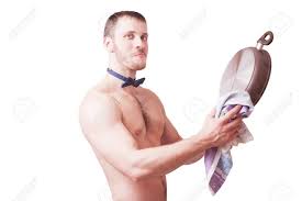 Attractive Funny Man With A Towel Wipes Clean Pan, Isolated Stock Photo,  Picture And Royalty Free Image. Image 38748955.