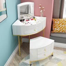 white corner makeup vanity table with