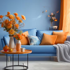 modern blue and orange living room