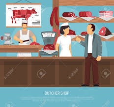 Butcher Shop With Retro Scales Meat Charts Sausages And Customer