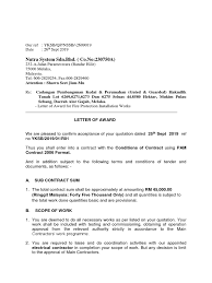* contract not expected to have material effects on share capital and shareholding structure of co; Letter Of Award Nutra System Sdn Bhd General Contractor Business Law