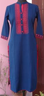Indian 100 Cotton Blue Color Stand Collar Women Embroidery