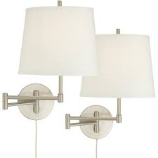 360 Lighting Modern Swing Arm Wall Lamps Set Of 2 Brushed Nickel Plug In Light Fixture Off White Drum Shade Bedroom Living Room Target