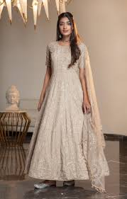 Beige Georgette Embroidered Gown Style Anarkali Dresses Online – Indian  Dresses