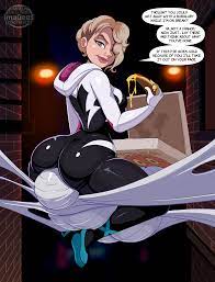 Xbooru - 1girl ambiguous gender ass big ass big breasts bondage cocoon  comic book character english text facesitting ghost spider gwen stacy high  res imadeej marvel marvel comics patreon reward piercing pizza