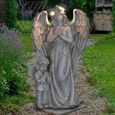 Exhart Led Halo Angel With Boy With Timer Garden Statue