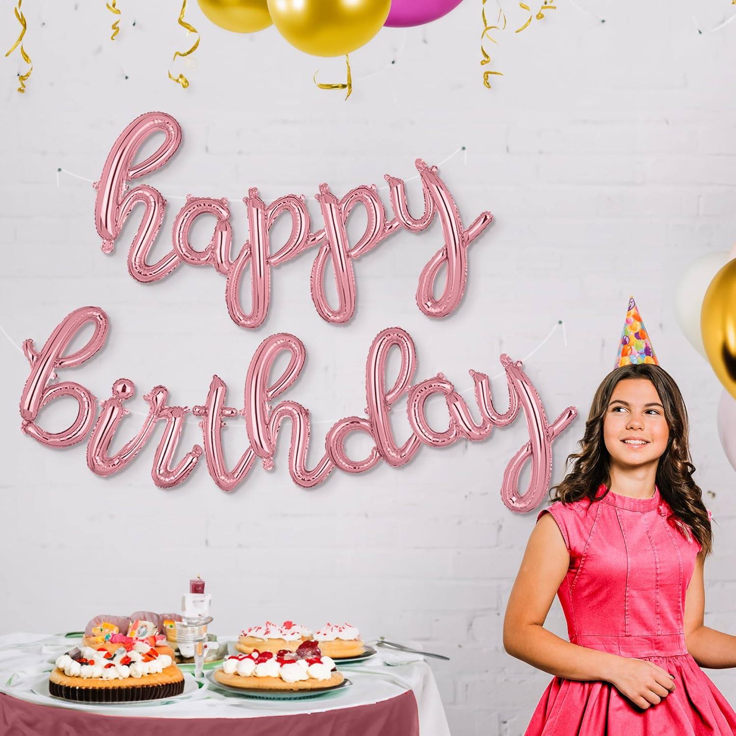 Rose Gold Happy Birthday Balloons Banner | Script Foil product image