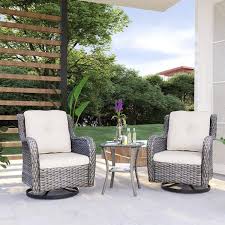 Joyside 3 Piece Wicker Swivel Outdoor Rocking Chairs Patio Conversation Set With Beige Cushions