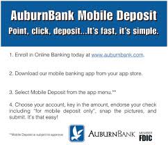 With a new design and features that let you easily transfer funds, make payments, open an account. Auburnbank Mobile Deposit