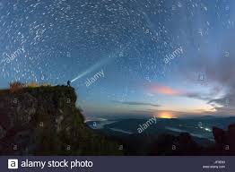 Star Trail Over The Mountain With The Man Light Up The Sky