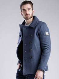 Buy Superdry Blue Woollen Long Pea Coat