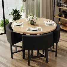 Homary 40 Round Wooden Small Nesting Dining Table Set For 4 Gray Upholstered Chairs