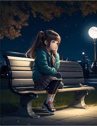 a cute sitting on bench in night
