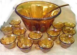 Amber Carnival Glass Punch Bowl Set