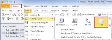 mode contacts folder in outlook 2010