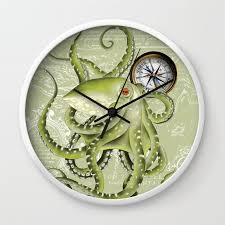 Green Octopus Compass Vintage Map