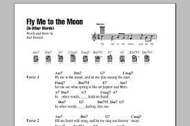 Am dm7 g7 cmaj7 fly me to the moon, let me play among the stars, f dm e7 am a7 let me see what spring is like on jupiter and mars, dm7 g7 c am in other words, hold my hand! Fly Me To The Moon In Other Words Sheet Music Tony Bennett Ukulele Chords Lyrics