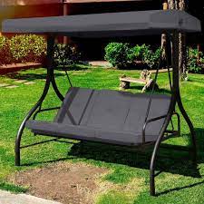 veikous 3 seat converting canopy patio swing steel lounge chair with cushions in dark grey