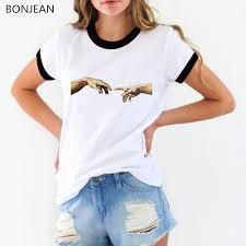 Michelangelo Female T Shirt Femme Harajuku Aesthetic Clothes Women Cigarette Hands Print Funny T Shirts Summer White Tops Tees