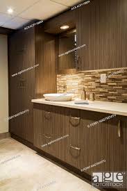 brown wood veneer cabinets and white