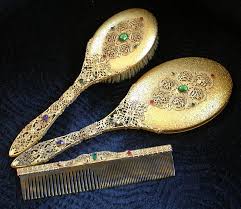 This combination is truly one of a kind. Vintage Dresser Set With Jewels Hand Mirror Hair Brush From Vignette On Ruby Lane Antique Vanity Set Hand Mirror Dresser Sets