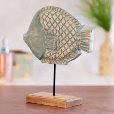 Kezevel Wooden Fish Table Decor Blue