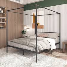 Canopy Bed Frame Queen Size Black Metal